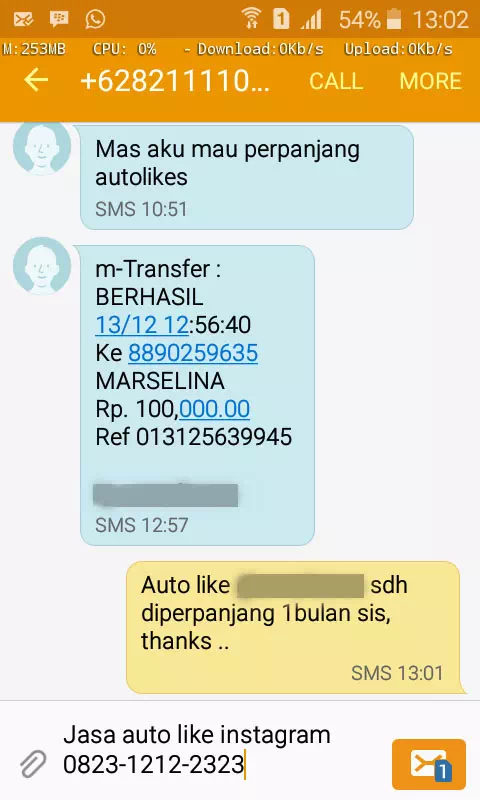 Screenshot bukti chat WhatsApp dari pelanggan setia InstaIndo