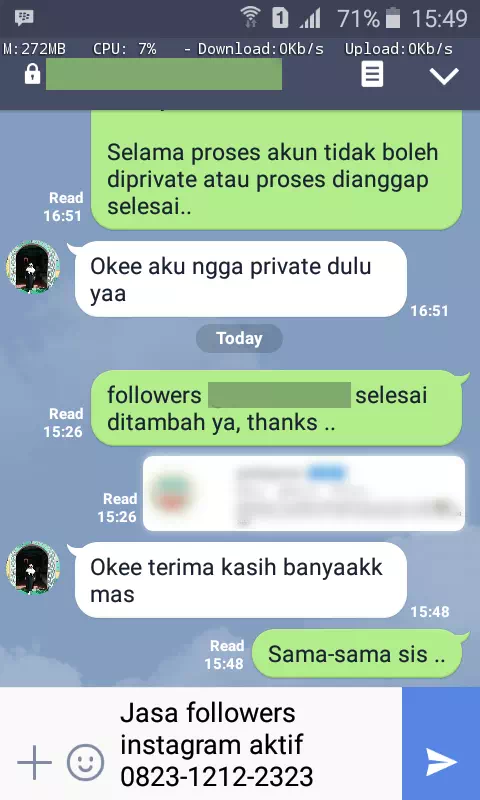 Screenshot bukti chat WhatsApp dari pelanggan setia InstaIndo