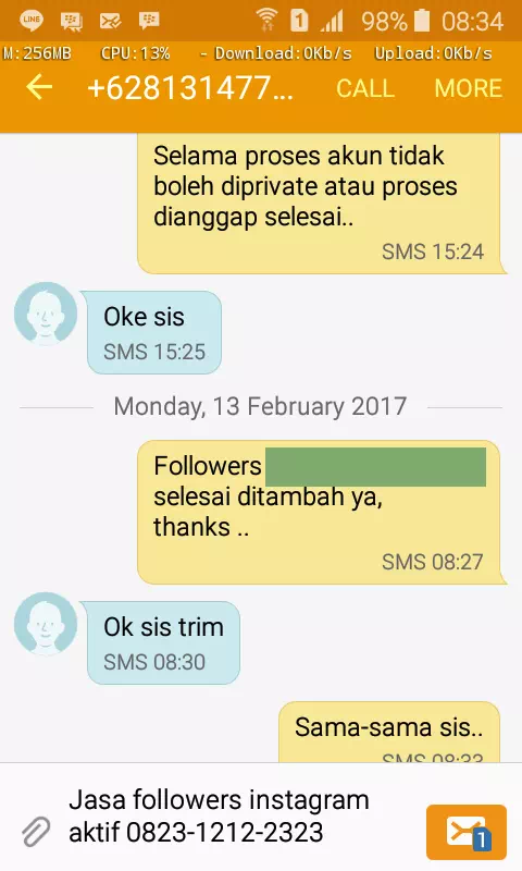 Testimoni kepuasan pelanggan InstaIndo untuk jasa followers
