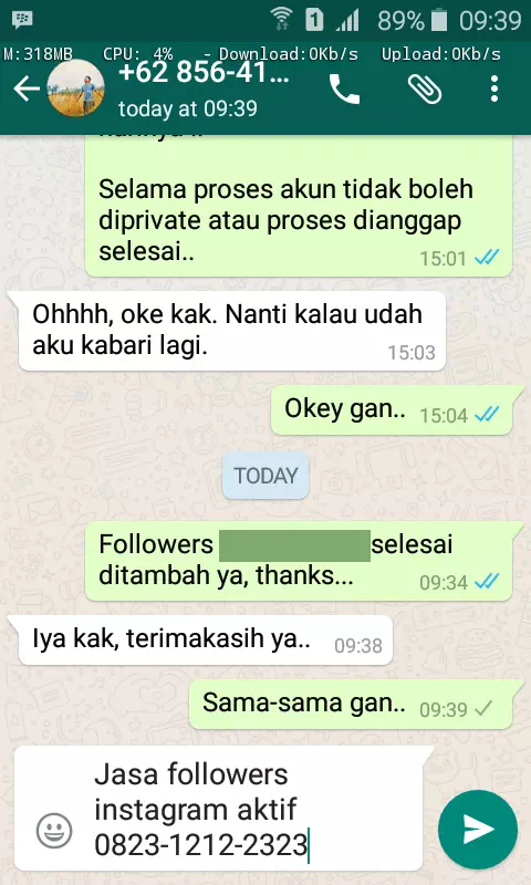 Screenshot bukti chat WhatsApp dari pelanggan setia InstaIndo