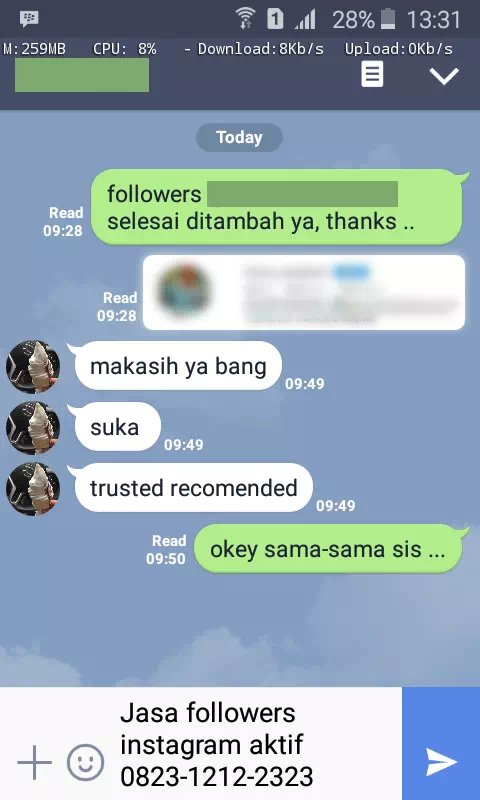 Bukti transaksi berhasil dan testimoni positif layanan InstaIndo