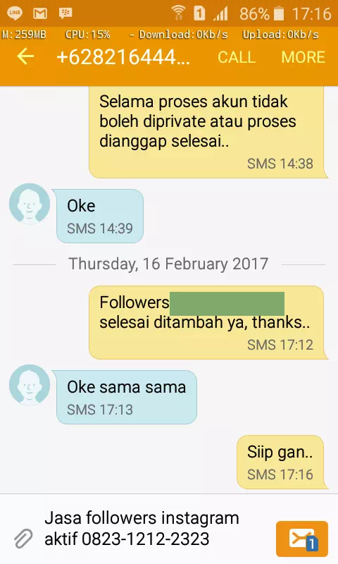 Testimoni kepuasan pelanggan InstaIndo untuk jasa followers