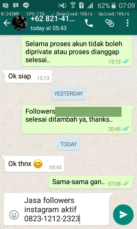 Screenshot bukti chat WhatsApp dari pelanggan setia InstaIndo