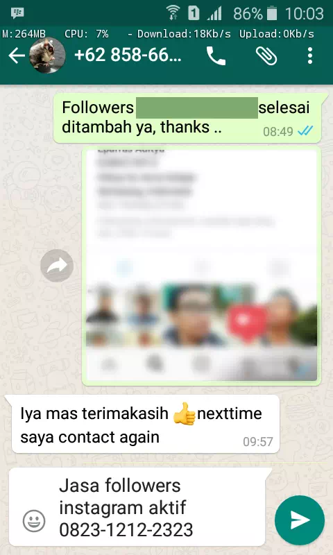 Screenshot bukti chat WhatsApp dari pelanggan setia InstaIndo