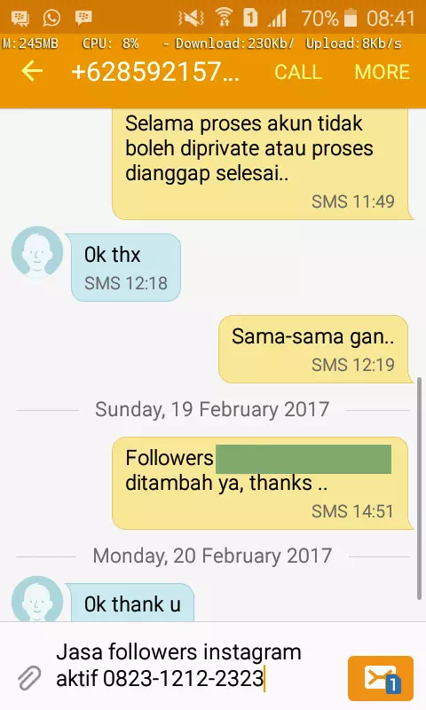 Testimoni kepuasan pelanggan InstaIndo untuk jasa followers