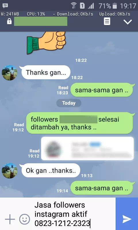 Screenshot bukti chat WhatsApp dari pelanggan setia InstaIndo