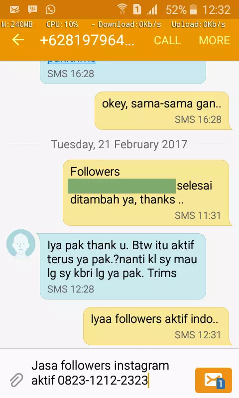 Testimoni kepuasan pelanggan InstaIndo untuk jasa followers