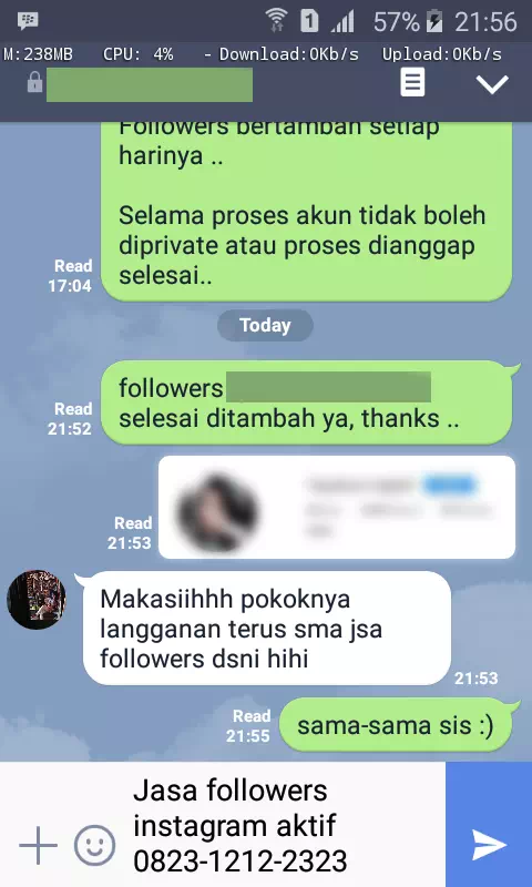 Screenshot bukti chat WhatsApp dari pelanggan setia InstaIndo