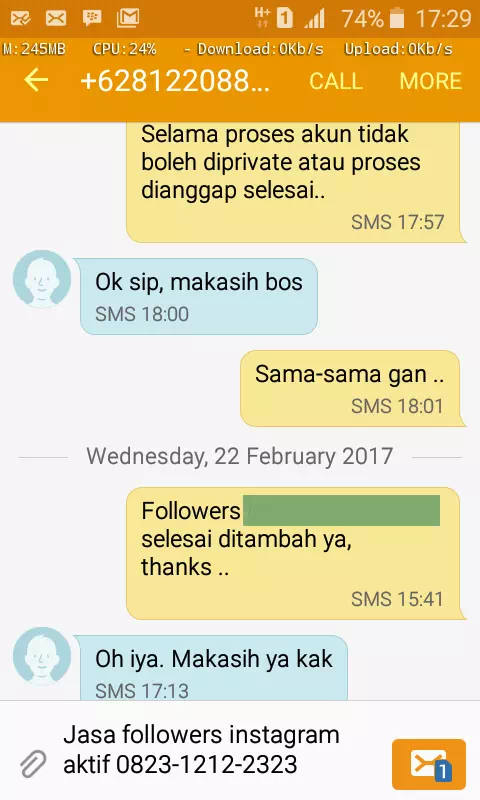 Screenshot bukti chat WhatsApp dari pelanggan setia InstaIndo