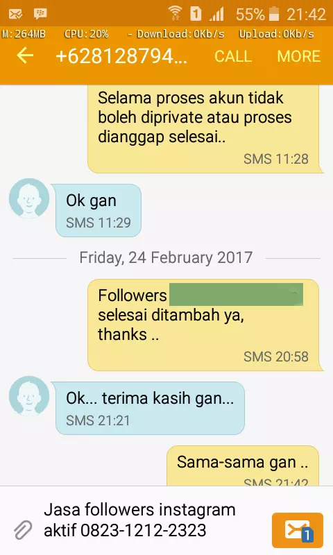 Testimoni kepuasan pelanggan InstaIndo untuk jasa followers