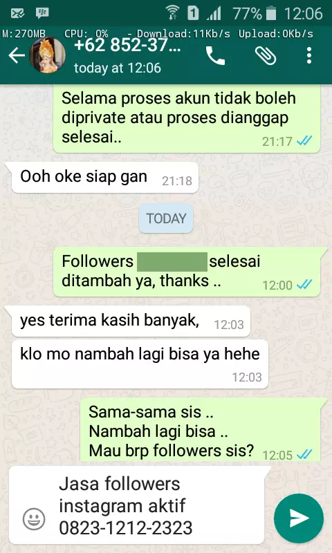 Testimoni kepuasan pelanggan InstaIndo untuk jasa followers