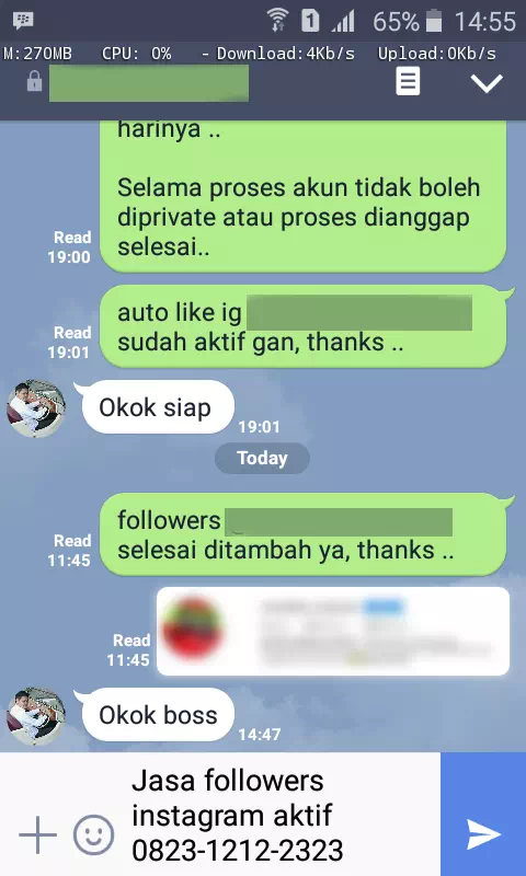 Screenshot bukti chat WhatsApp dari pelanggan setia InstaIndo
