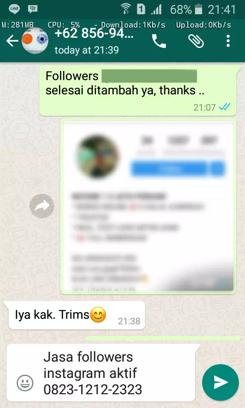 Testimoni kepuasan pelanggan InstaIndo untuk jasa followers