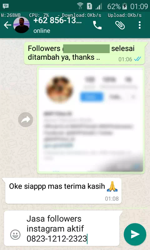Screenshot bukti chat WhatsApp dari pelanggan setia InstaIndo