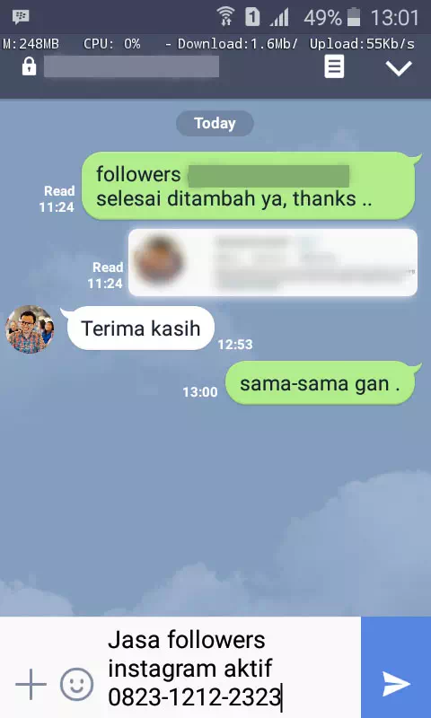 Screenshot bukti chat WhatsApp dari pelanggan setia InstaIndo