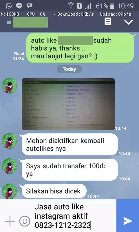 Screenshot bukti chat WhatsApp dari pelanggan setia InstaIndo