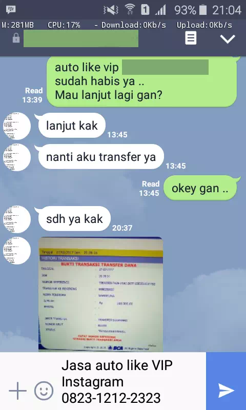 Screenshot bukti chat WhatsApp dari pelanggan setia InstaIndo