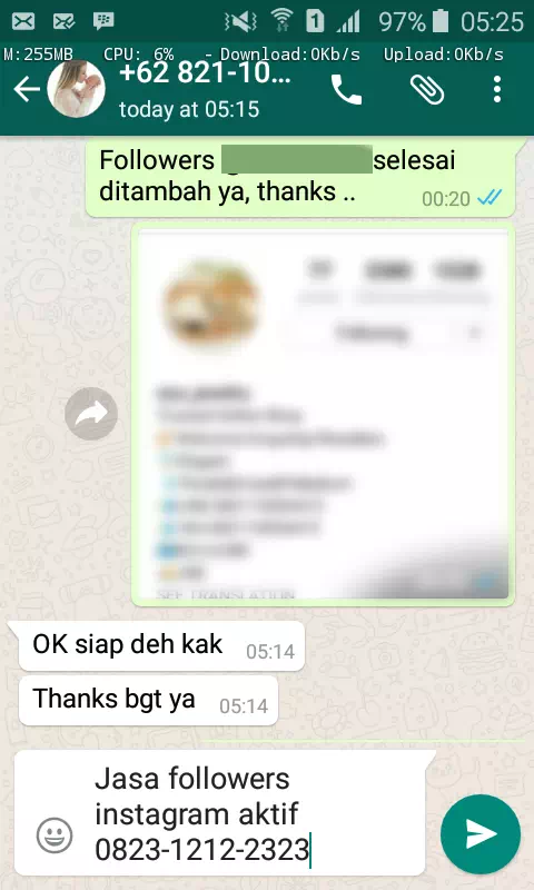 Screenshot bukti chat WhatsApp dari pelanggan setia InstaIndo