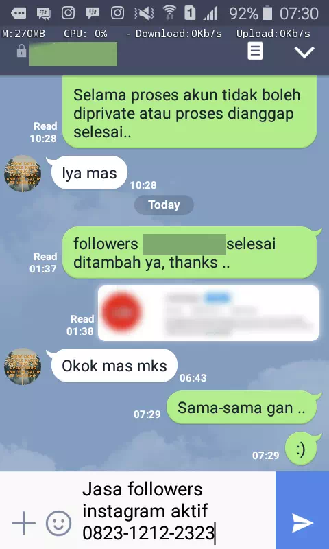 Screenshot bukti chat WhatsApp dari pelanggan setia InstaIndo