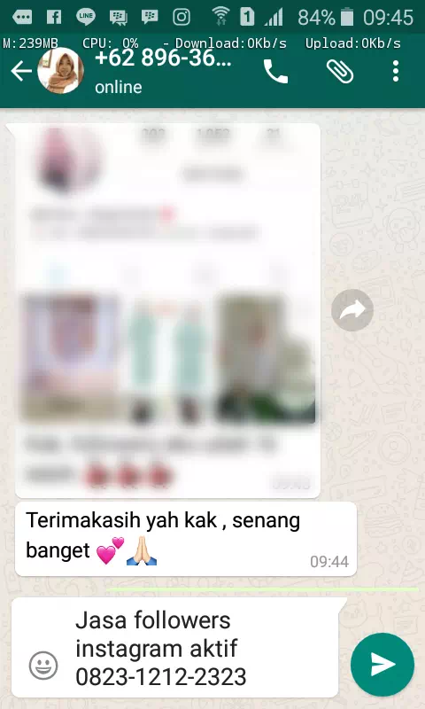 Screenshot bukti chat WhatsApp dari pelanggan setia InstaIndo