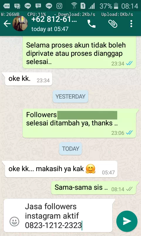 Testimoni kepuasan pelanggan InstaIndo untuk jasa followers