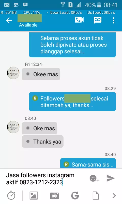 Screenshot bukti chat WhatsApp dari pelanggan setia InstaIndo