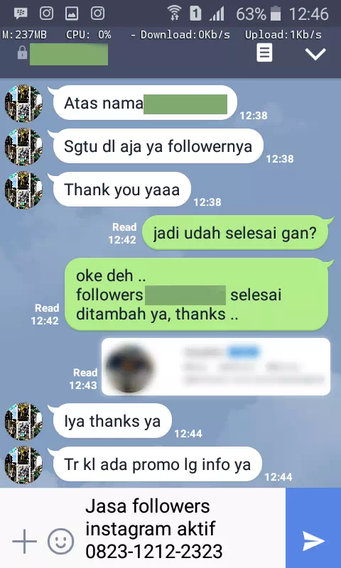 Bukti transaksi berhasil dan testimoni positif layanan InstaIndo
