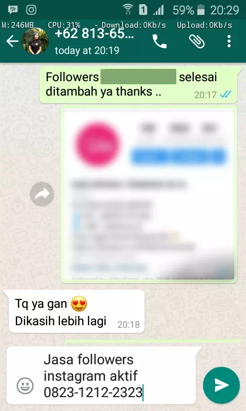 Screenshot bukti chat WhatsApp dari pelanggan setia InstaIndo