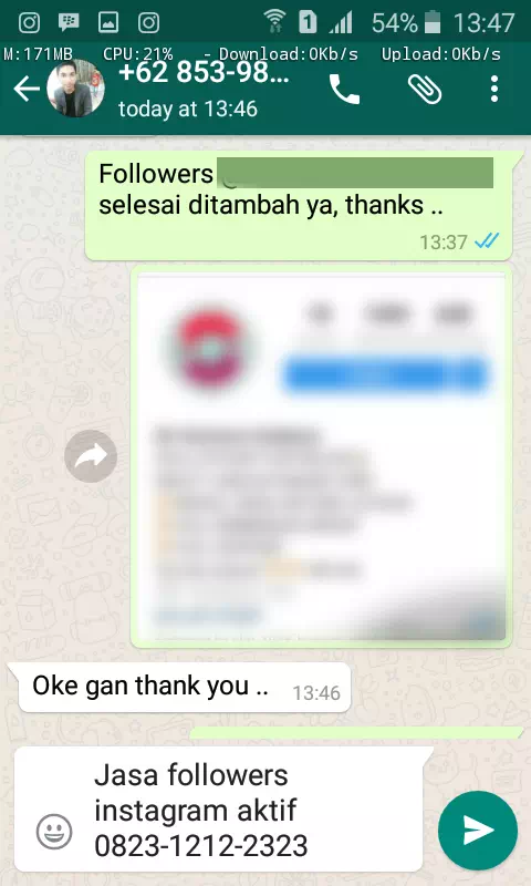Screenshot bukti chat WhatsApp dari pelanggan setia InstaIndo