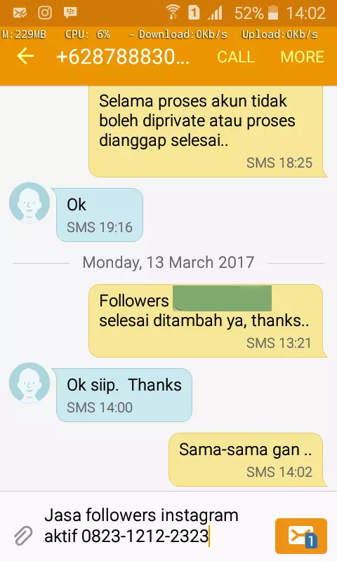 Bukti transaksi berhasil dan testimoni positif layanan InstaIndo