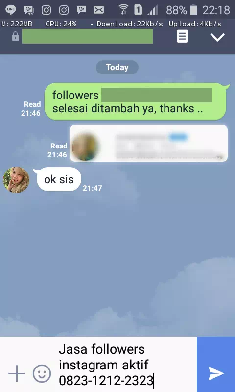 Screenshot bukti chat WhatsApp dari pelanggan setia InstaIndo
