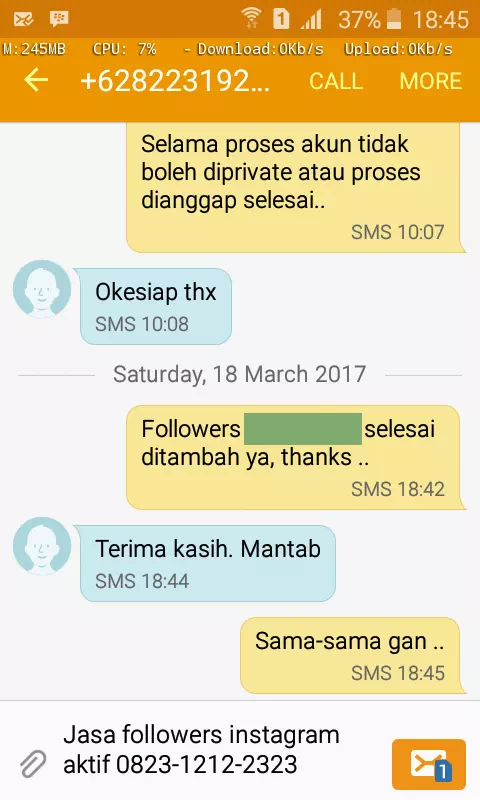 Screenshot bukti chat WhatsApp dari pelanggan setia InstaIndo