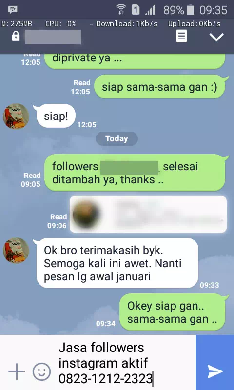 Screenshot bukti chat WhatsApp dari pelanggan setia InstaIndo
