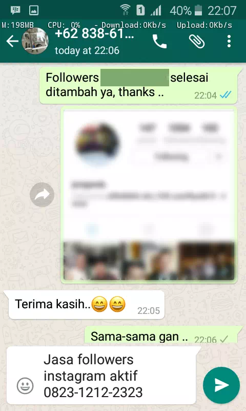 Screenshot bukti chat WhatsApp dari pelanggan setia InstaIndo