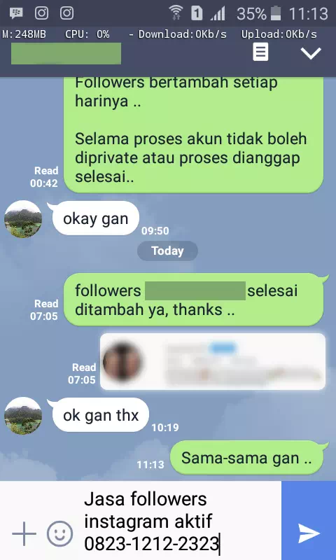 Screenshot bukti chat WhatsApp dari pelanggan setia InstaIndo