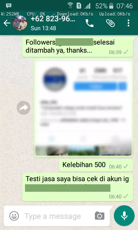 Testimoni kepuasan pelanggan InstaIndo untuk jasa followers