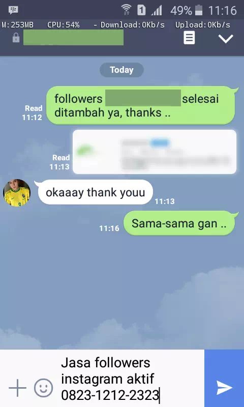 Screenshot bukti chat WhatsApp dari pelanggan setia InstaIndo