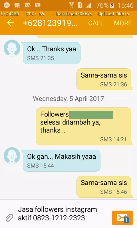 Screenshot bukti chat WhatsApp dari pelanggan setia InstaIndo