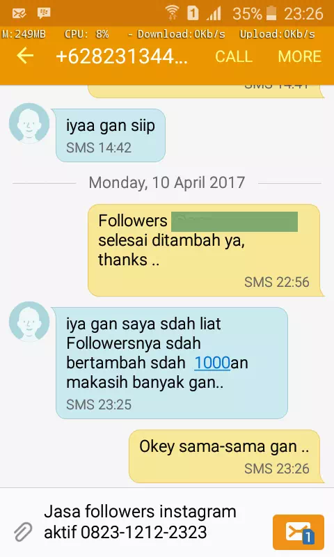 Testimoni kepuasan pelanggan InstaIndo untuk jasa followers