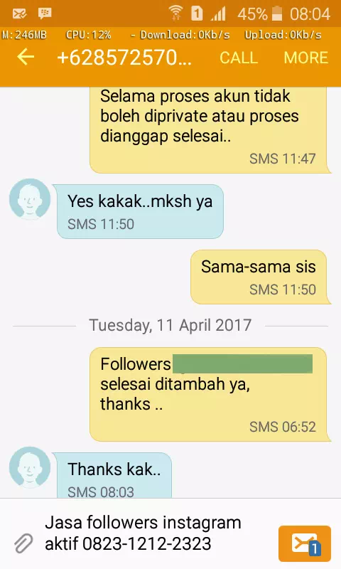 Screenshot bukti chat WhatsApp dari pelanggan setia InstaIndo