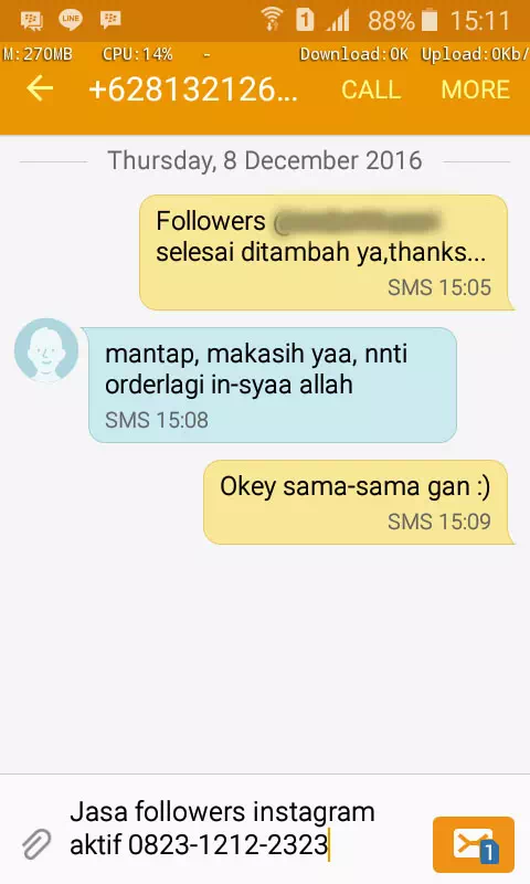 Screenshot bukti chat WhatsApp dari pelanggan setia InstaIndo