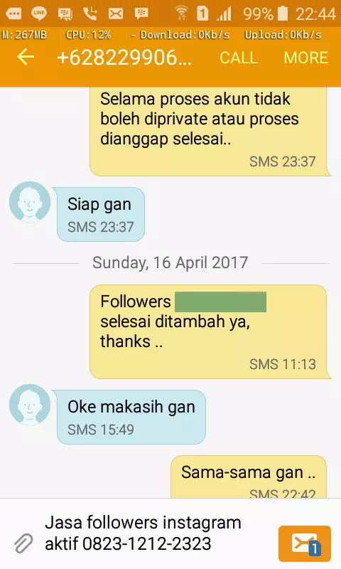 Screenshot bukti chat WhatsApp dari pelanggan setia InstaIndo