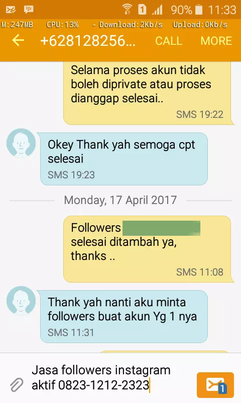 Testimoni kepuasan pelanggan InstaIndo untuk jasa followers