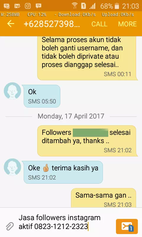 Screenshot bukti chat WhatsApp dari pelanggan setia InstaIndo