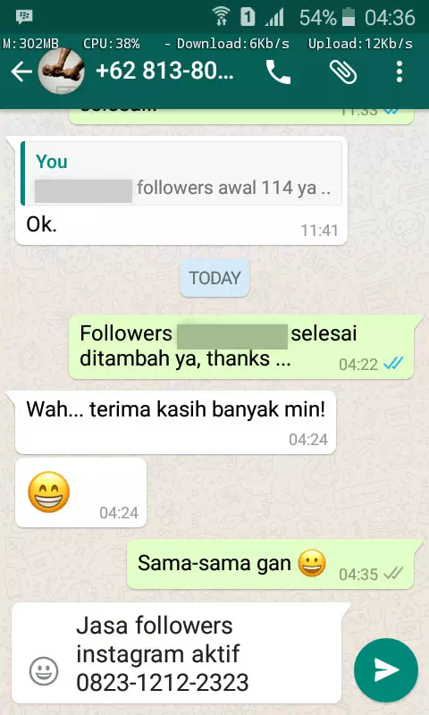 Testimoni kepuasan pelanggan InstaIndo untuk jasa followers