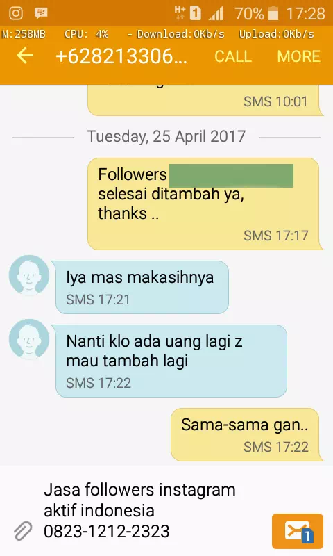 Screenshot bukti chat WhatsApp dari pelanggan setia InstaIndo