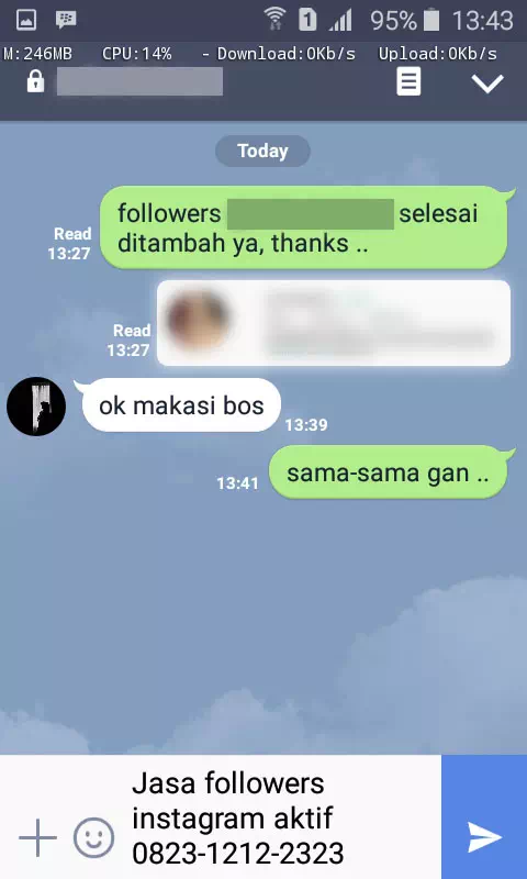 Screenshot bukti chat WhatsApp dari pelanggan setia InstaIndo
