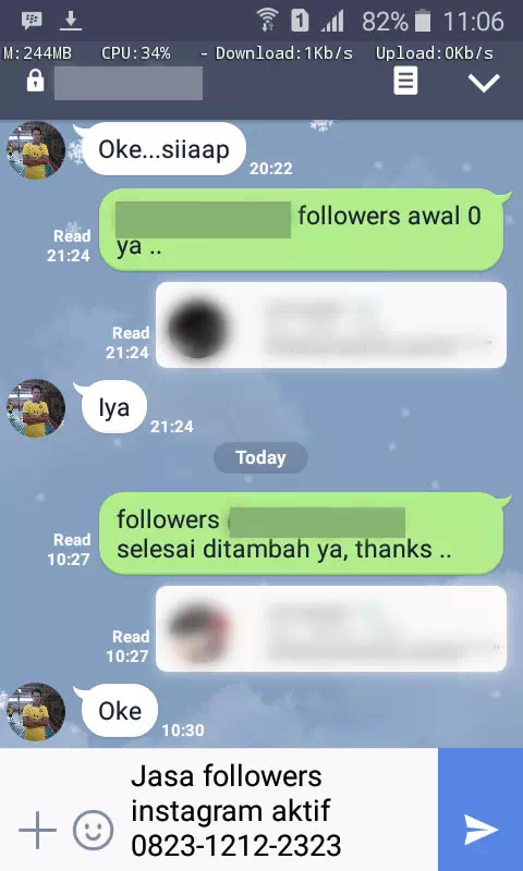Screenshot bukti chat WhatsApp dari pelanggan setia InstaIndo