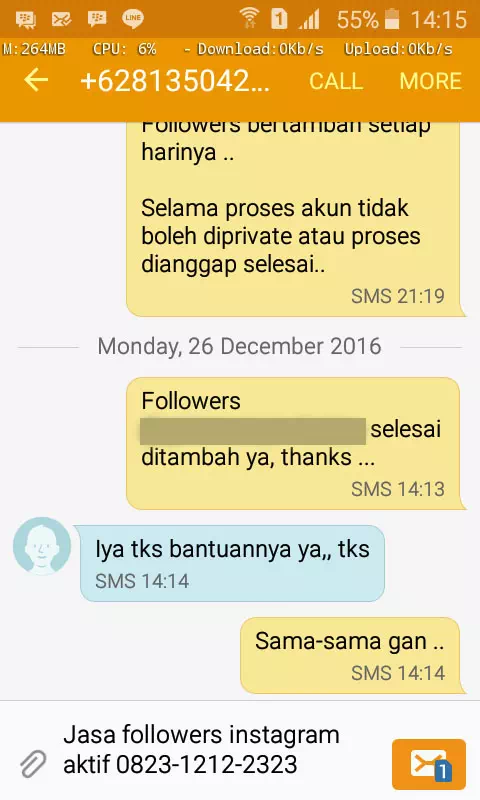 Testimoni kepuasan pelanggan InstaIndo untuk jasa followers