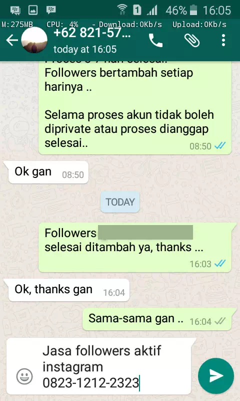 Screenshot bukti chat WhatsApp dari pelanggan setia InstaIndo